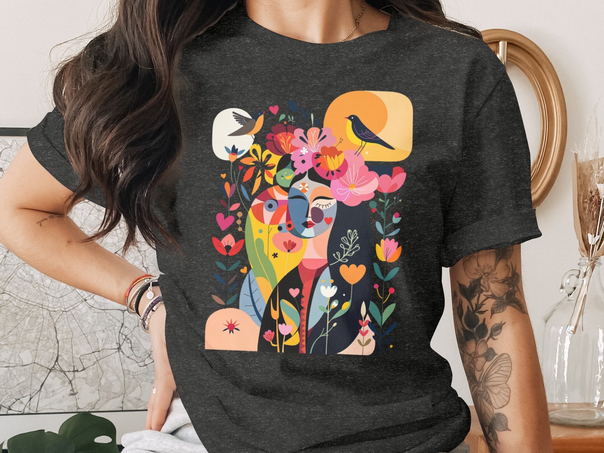 Colorful Abstract Woman Floral Birds Artistic Print product type