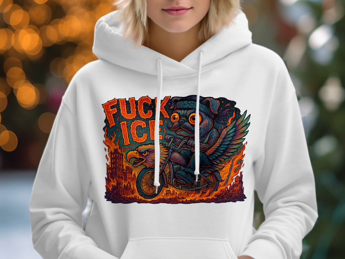 Biker Owl Graphic Hoodie with Bold Text hoodie product