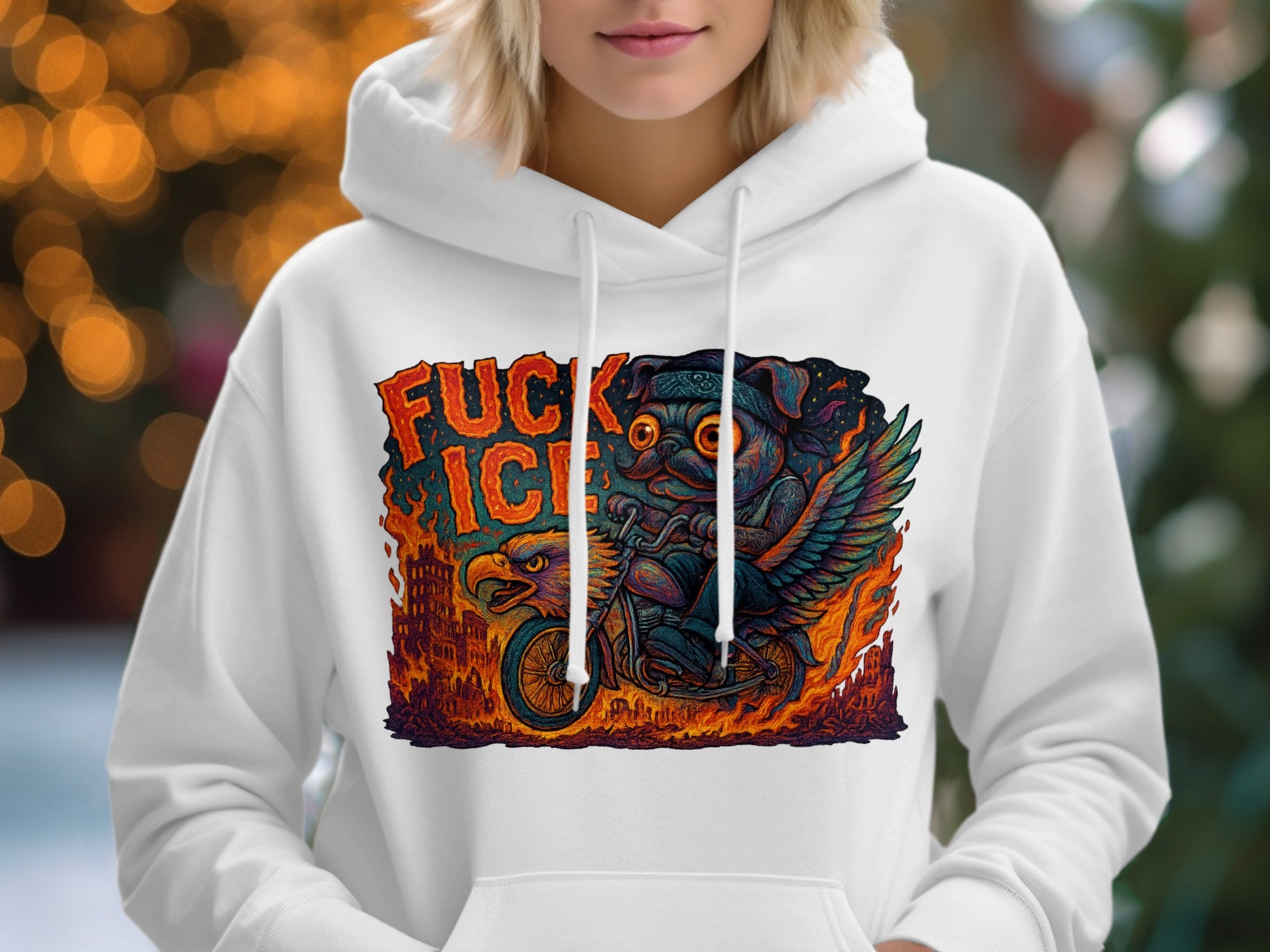 Biker Owl Graphic Hoodie with Bold Text hoodie product