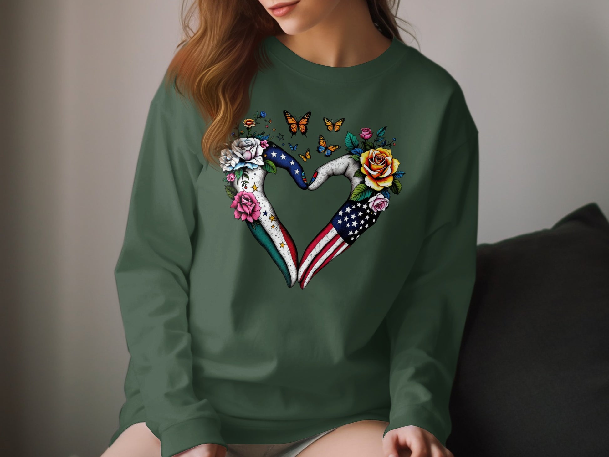 Heart Shaped Hands with Flowers and Butterflies Shirt