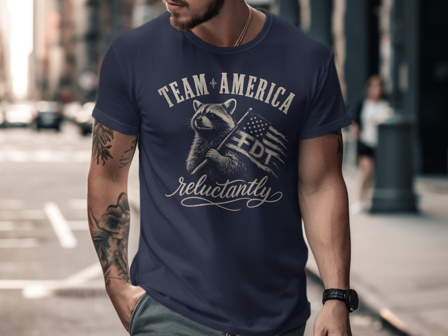 Navy t-shirt with raccoon holding American flag, "Team America" and "FDT" text.