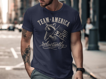 Navy t-shirt with raccoon holding American flag, "Team America" and "FDT" text.