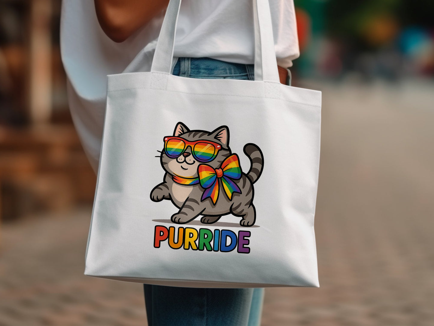 Cat with Rainbow Bow and Sunglasses Tote Bag product