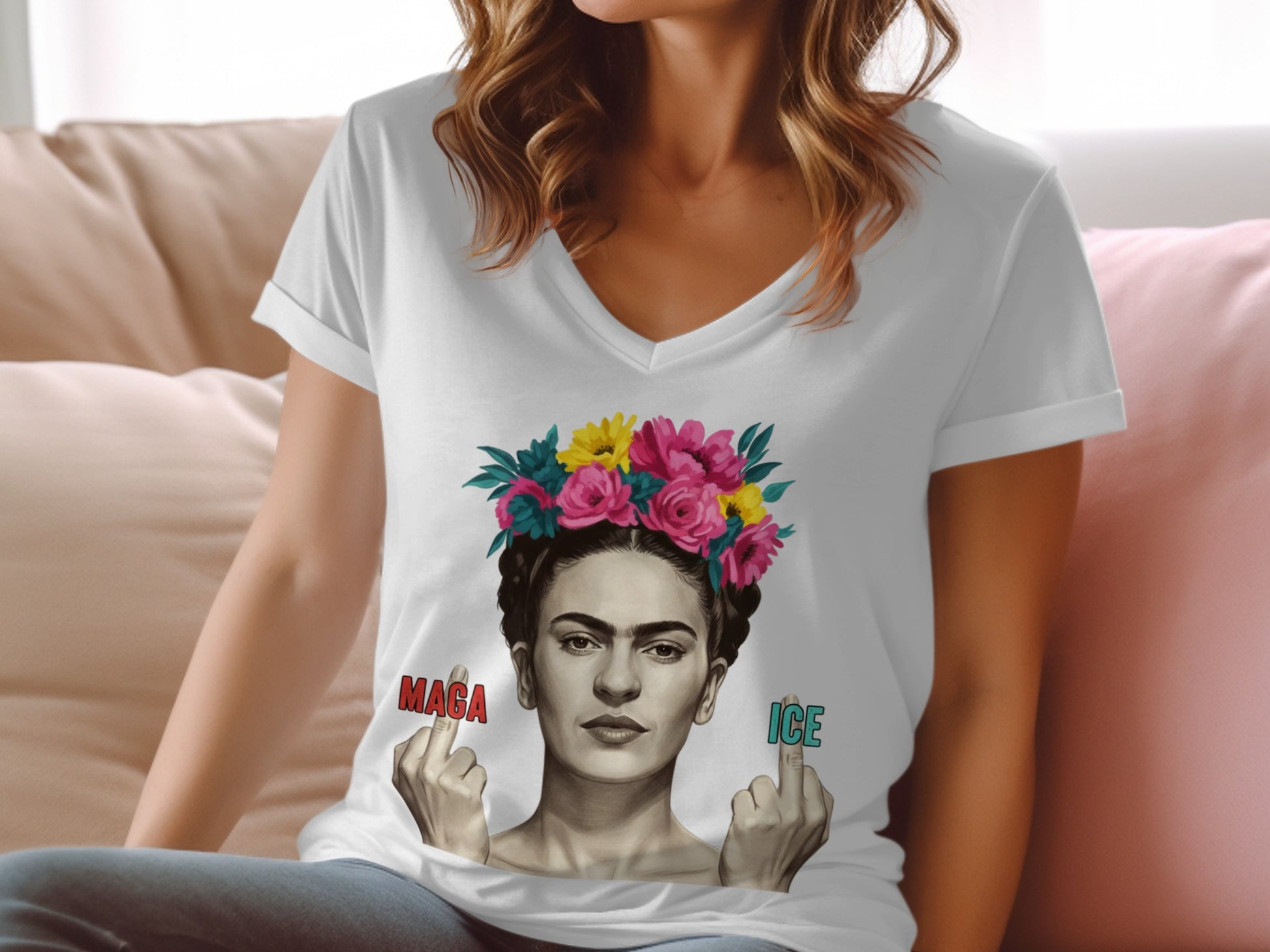 Graphic Tee with Colorful Floral Headpiece Design
