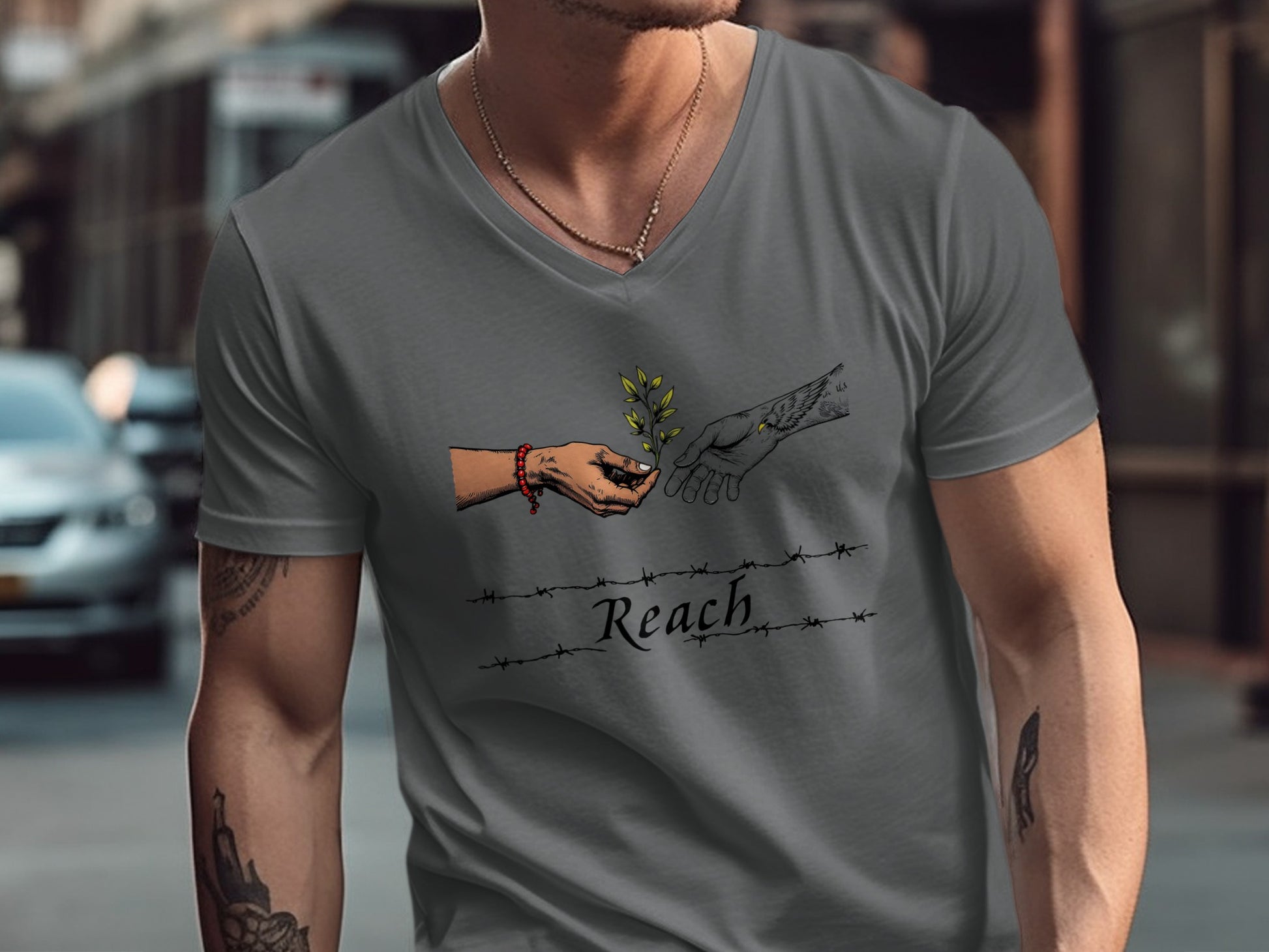 Reach Hands and Olive Branch Grey Tee product