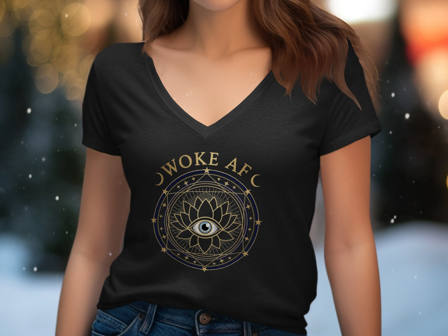 Woke AF Eye and Lotus Design V-Neck T-Shirt product type