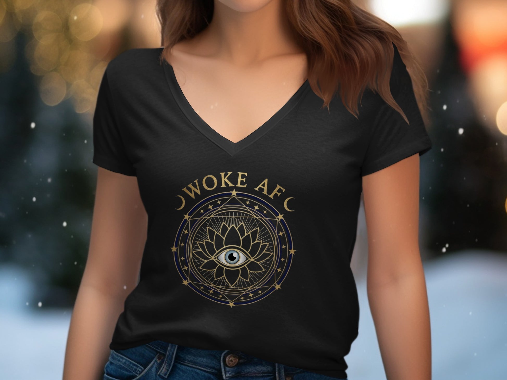 Woke AF Eye and Lotus Design V-Neck T-Shirt product type