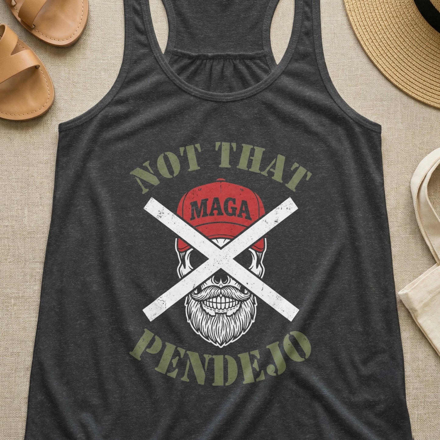 Dark grey tank top with "Not That Pendejo" text and skull graphic.