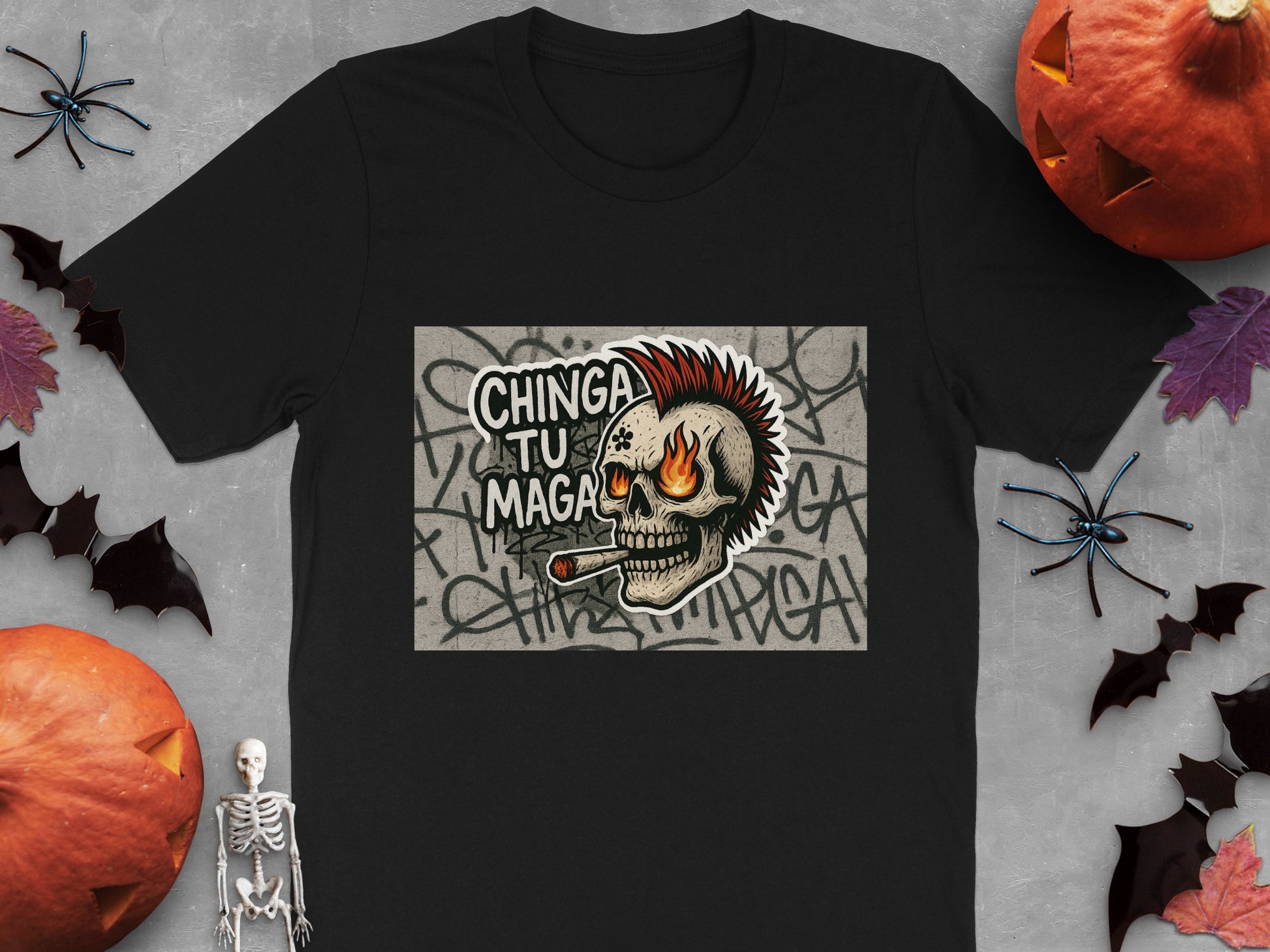 Chinga Tu Maga Punk Skull with Graffiti T-Shirt product