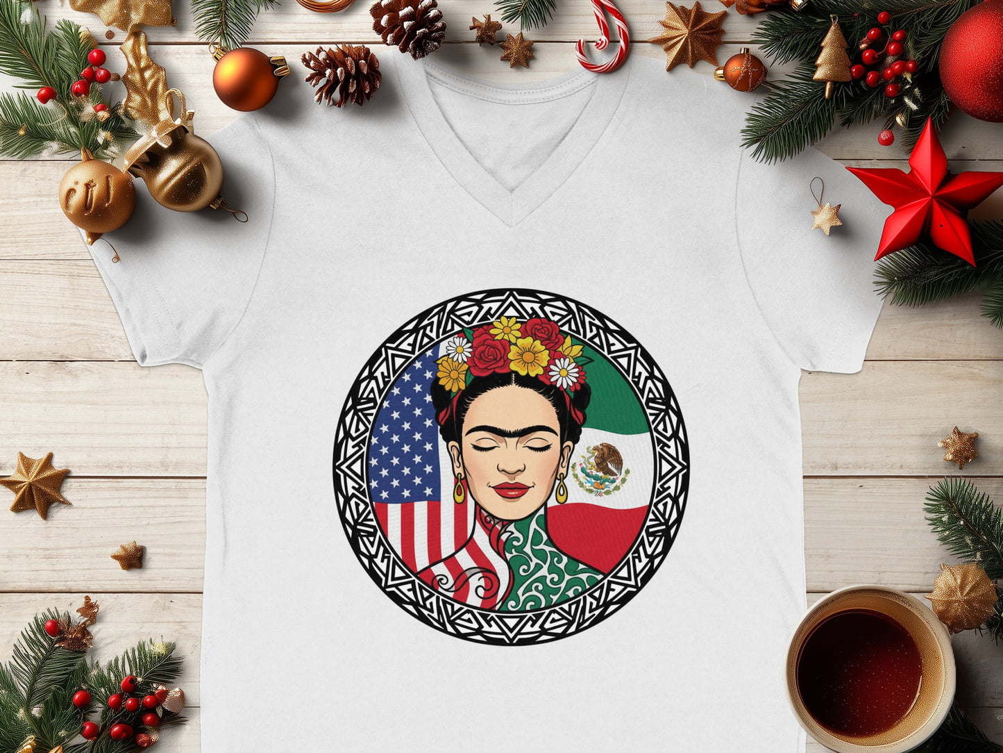 Frida Kahlo American and Mexican Flags Print T-Shirt