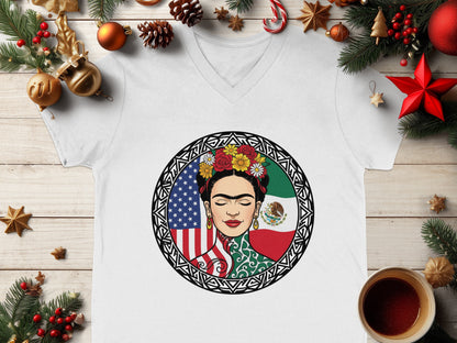 Frida Kahlo American and Mexican Flags Print T-Shirt