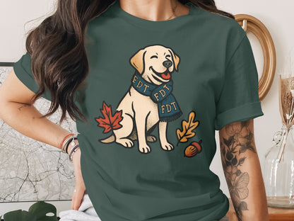 Cute Dog with Scarf and Leaves Graphic T-Shirt
