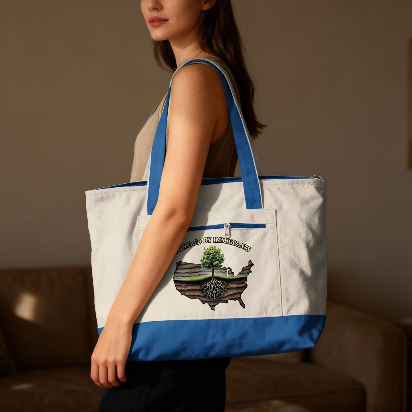 Tote bag with a US map graphic, featuring a tree growing from soil.
