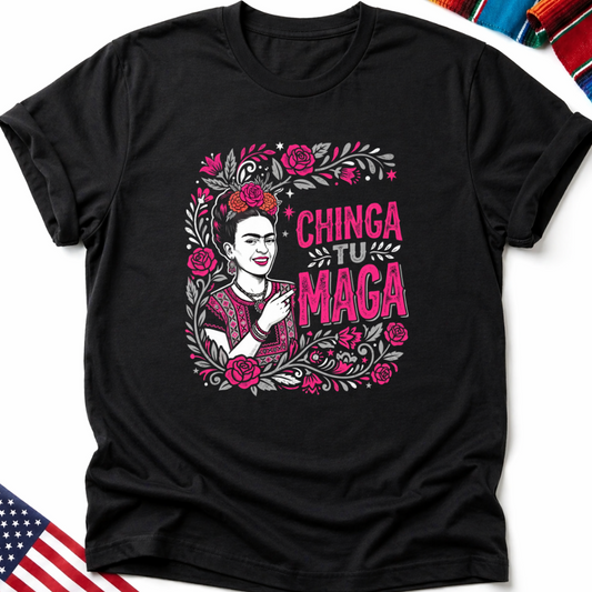 Black t-shirt with Frida Kahlo-inspired graphic and text.
