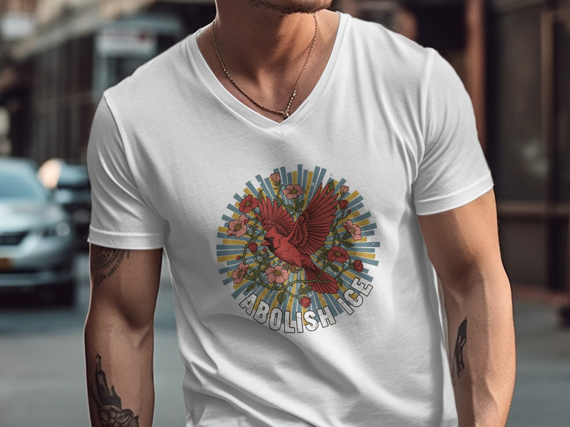 Abolish Ice T-Shirt with Colorful Bird and Flowers product