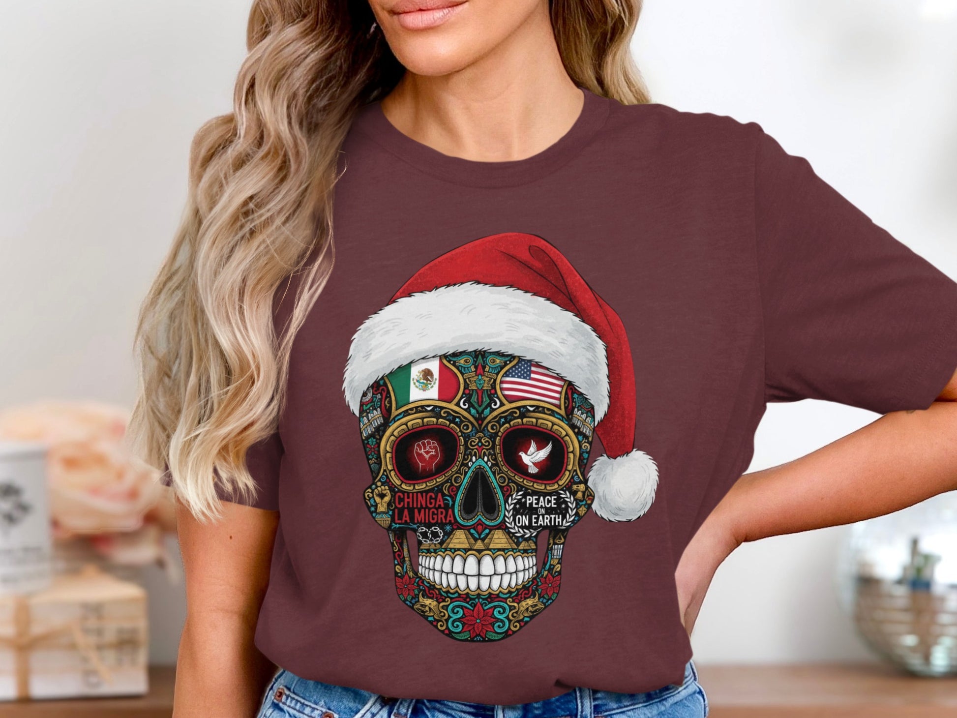 Festive Santa Skull Graphic Tee Chic Holiday Shirt