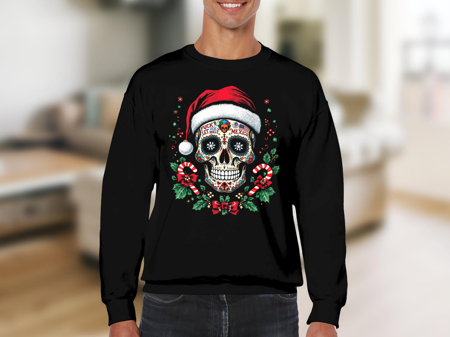 Christmas Skull Santa Hat Long Sleeve Holiday Apparel