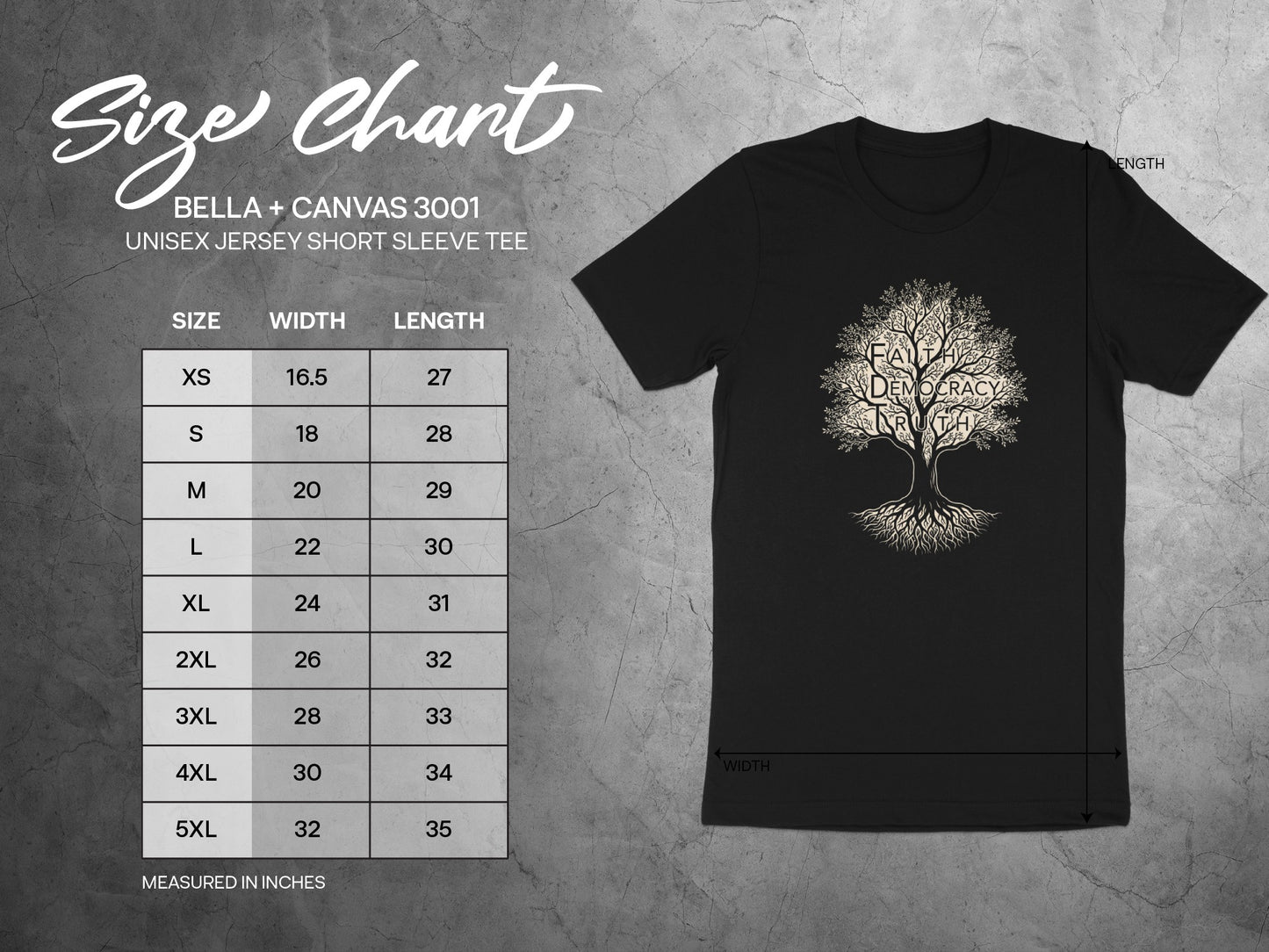 Size chart with Bella+Canvas 3001 unisex t-shirt measurements and tree graphic.