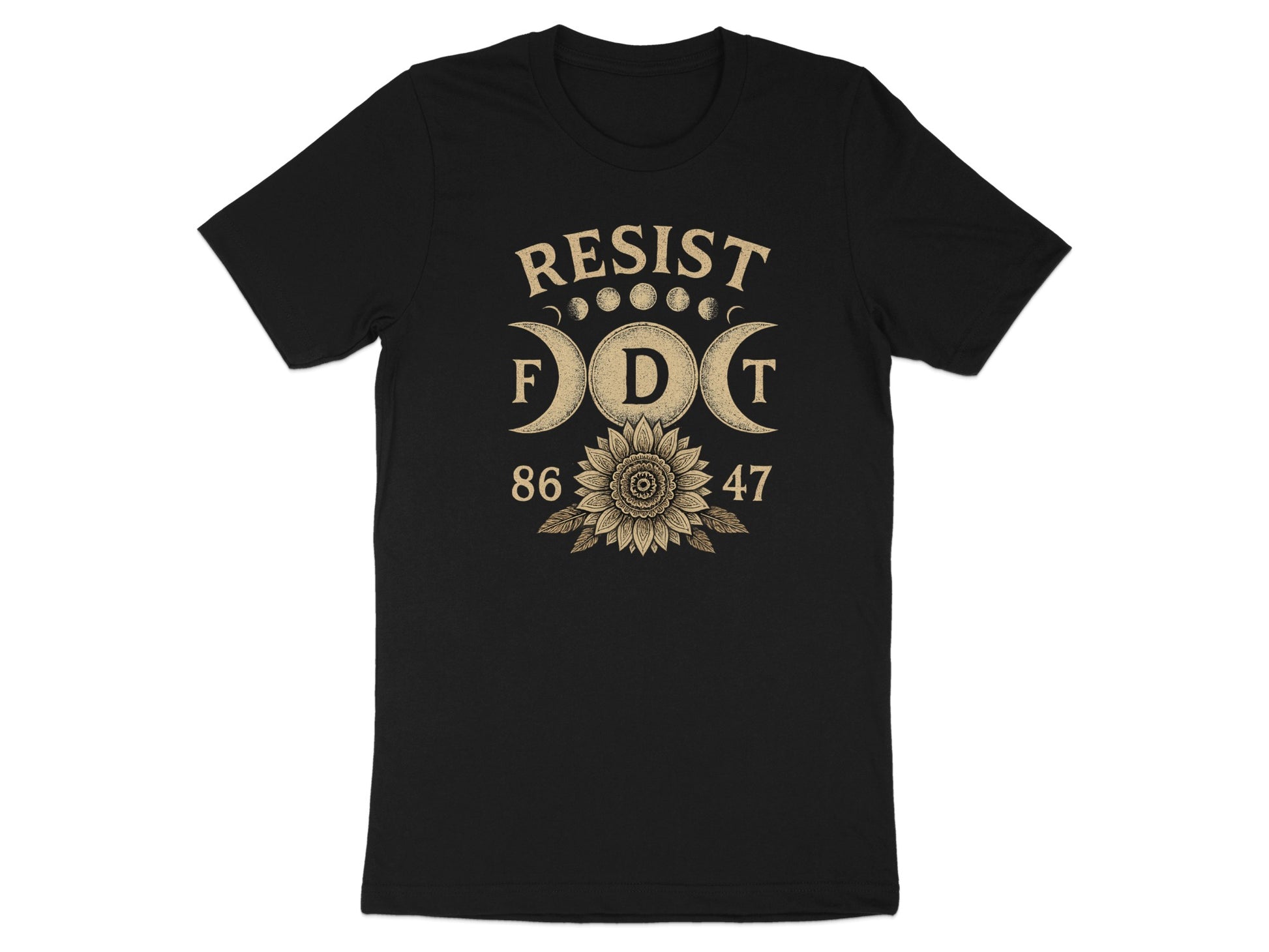Black t-shirt with "RESIST FDT 86 47" and celestial and sunflower graphics.
