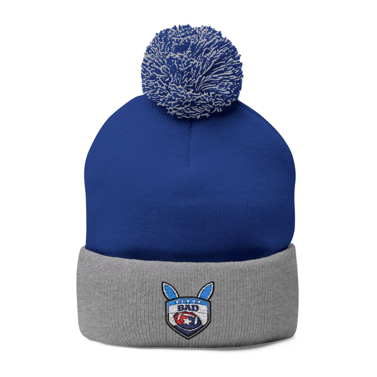 Embroidered Blue and Gray Beanie with Pom Pom Design