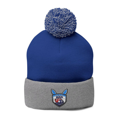 Embroidered Blue and Gray Beanie with Pom Pom Design