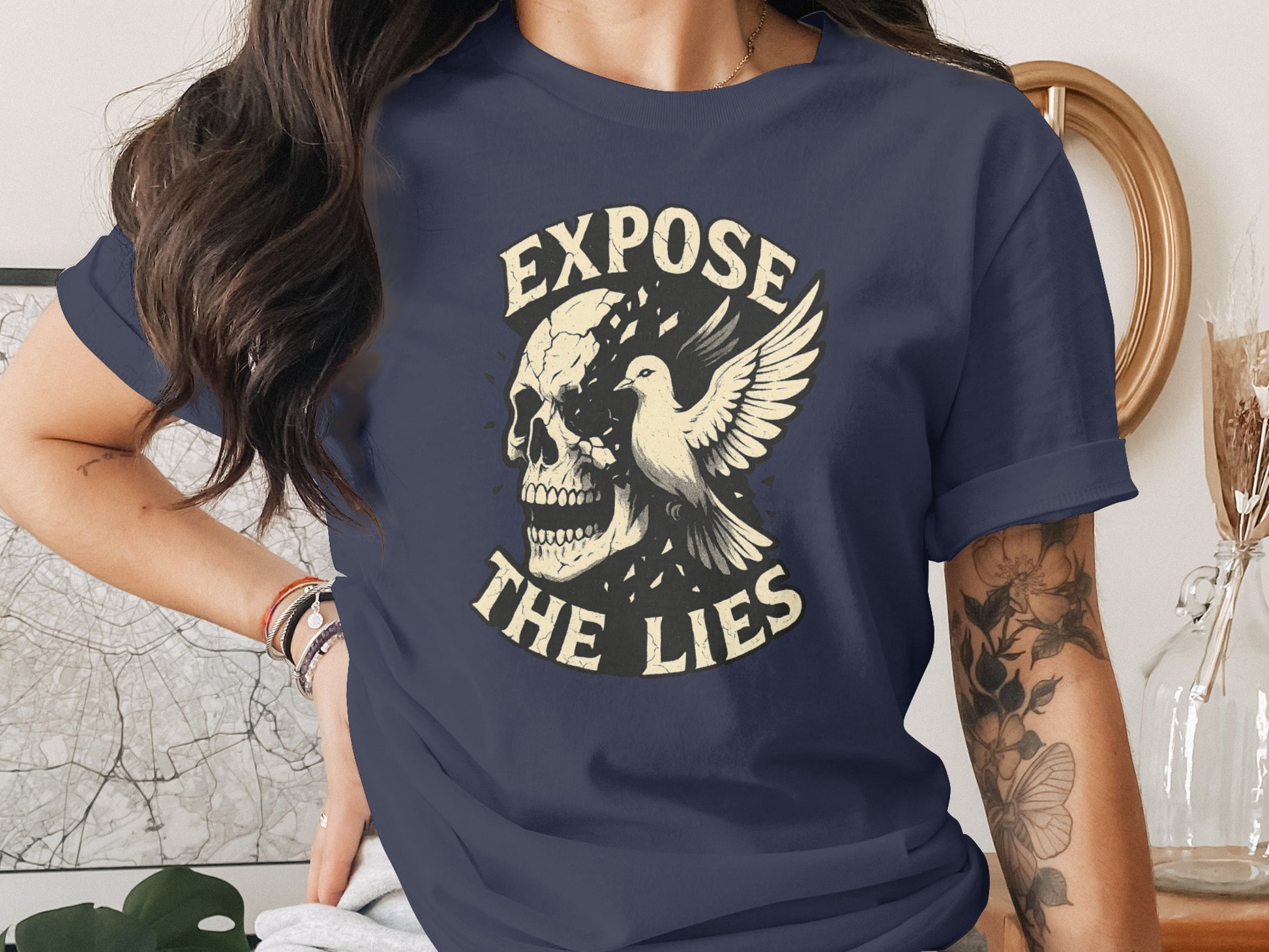Expose The Lies Skull And Bird Graphic T-Shirt product