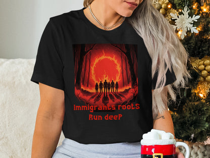 Black t-shirt with "Immigrants roots Run deep" text and fiery forest design.