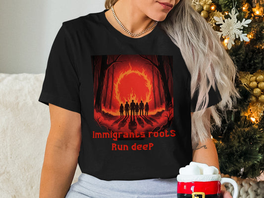 Black t-shirt with "Immigrants roots Run deep" text and fiery forest design.
