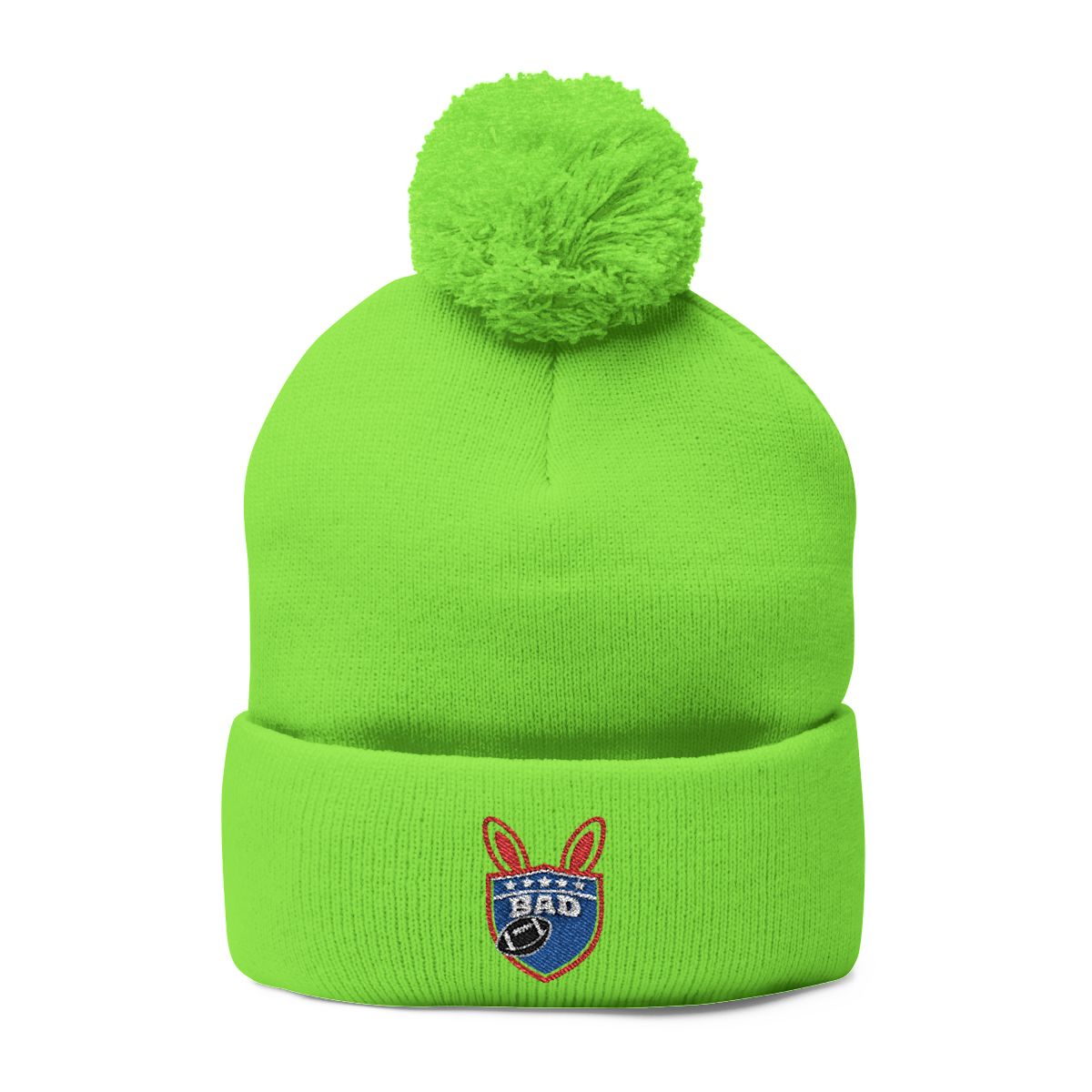 Neon Green Beanie with Pom and Embroidered Patch Hat