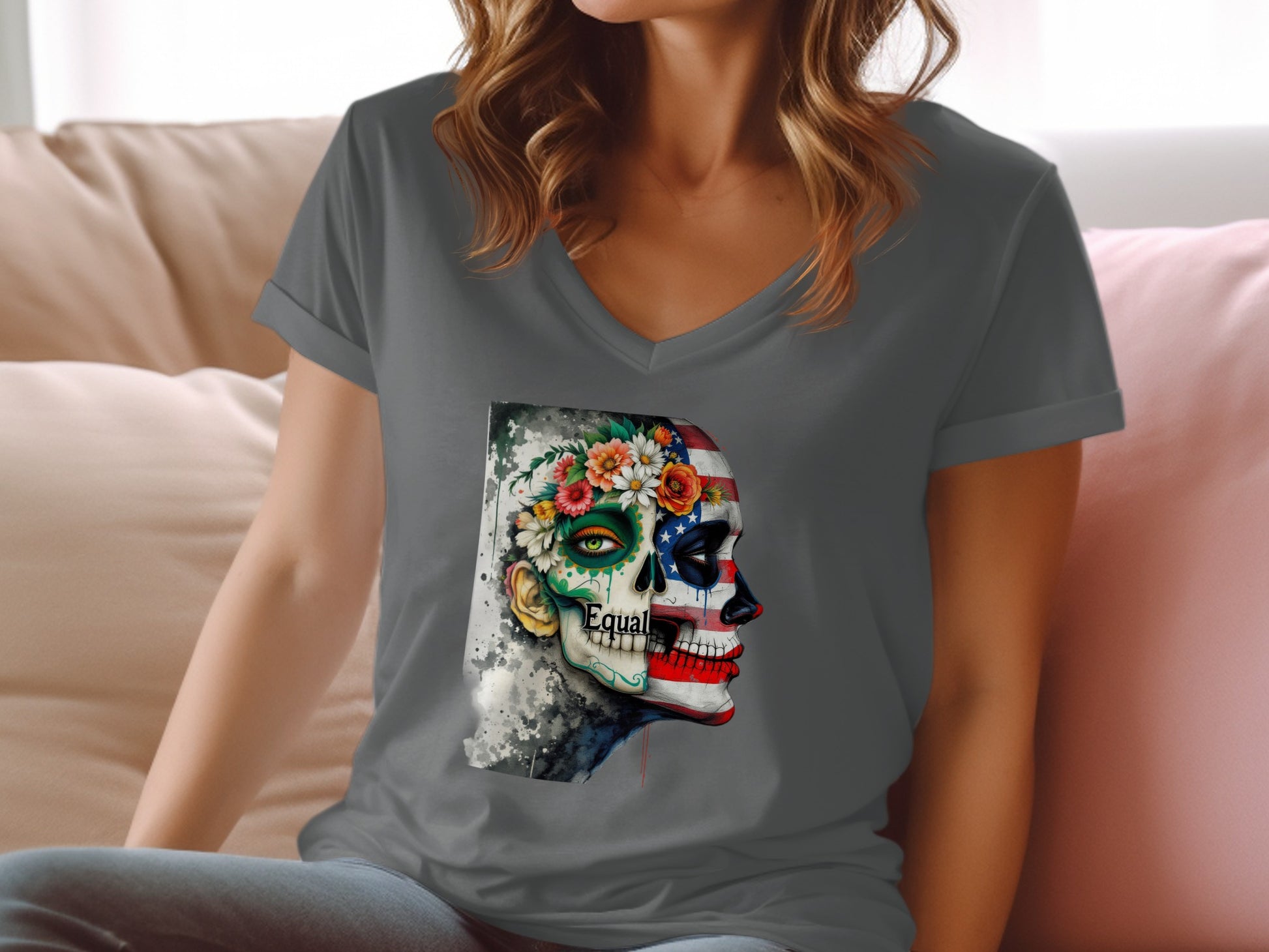 Colorful Skull with Flowers Graphic T-Shirt product type