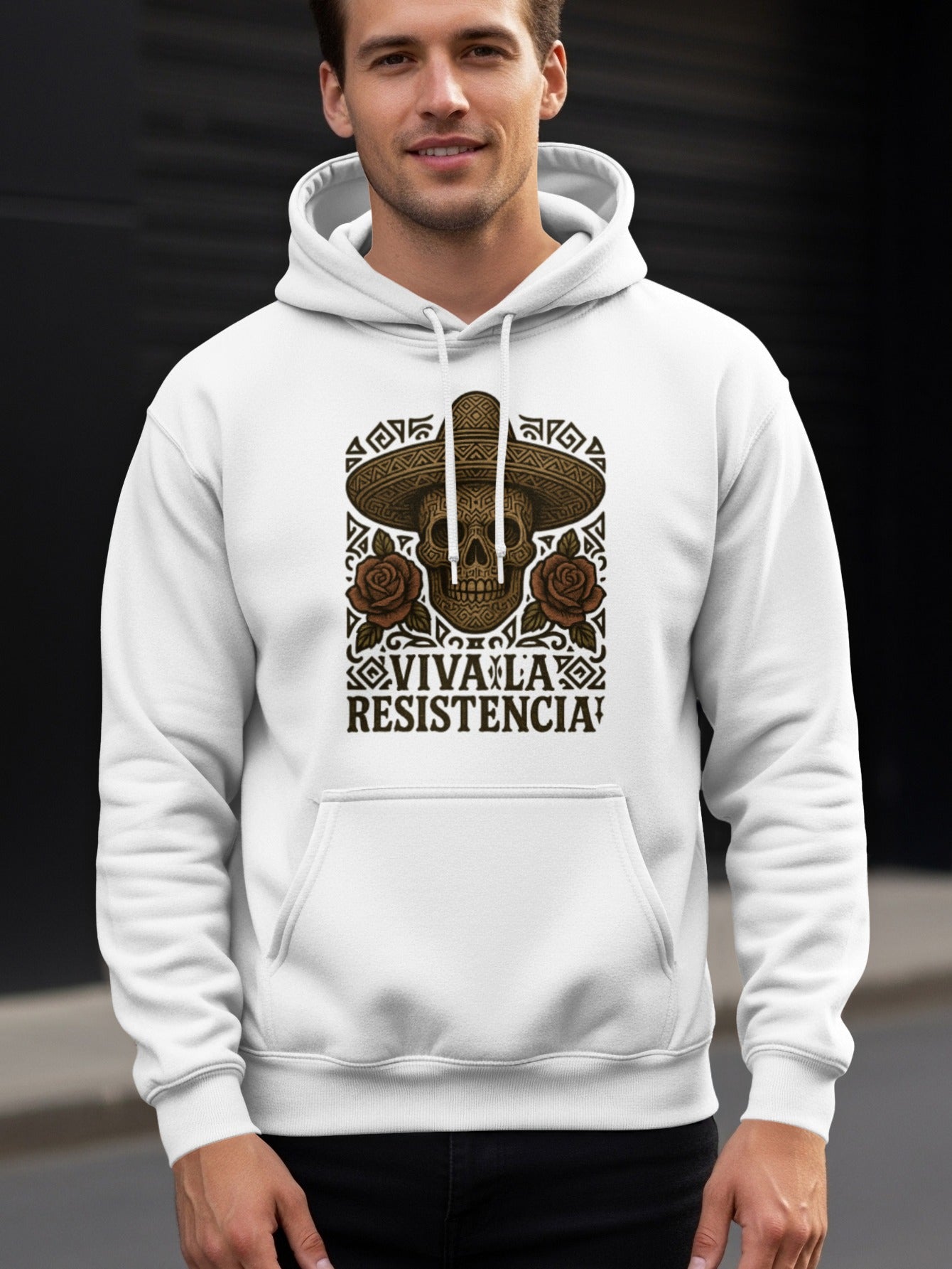 Viva La Resistencia Hoodie with Skull and Roses Design