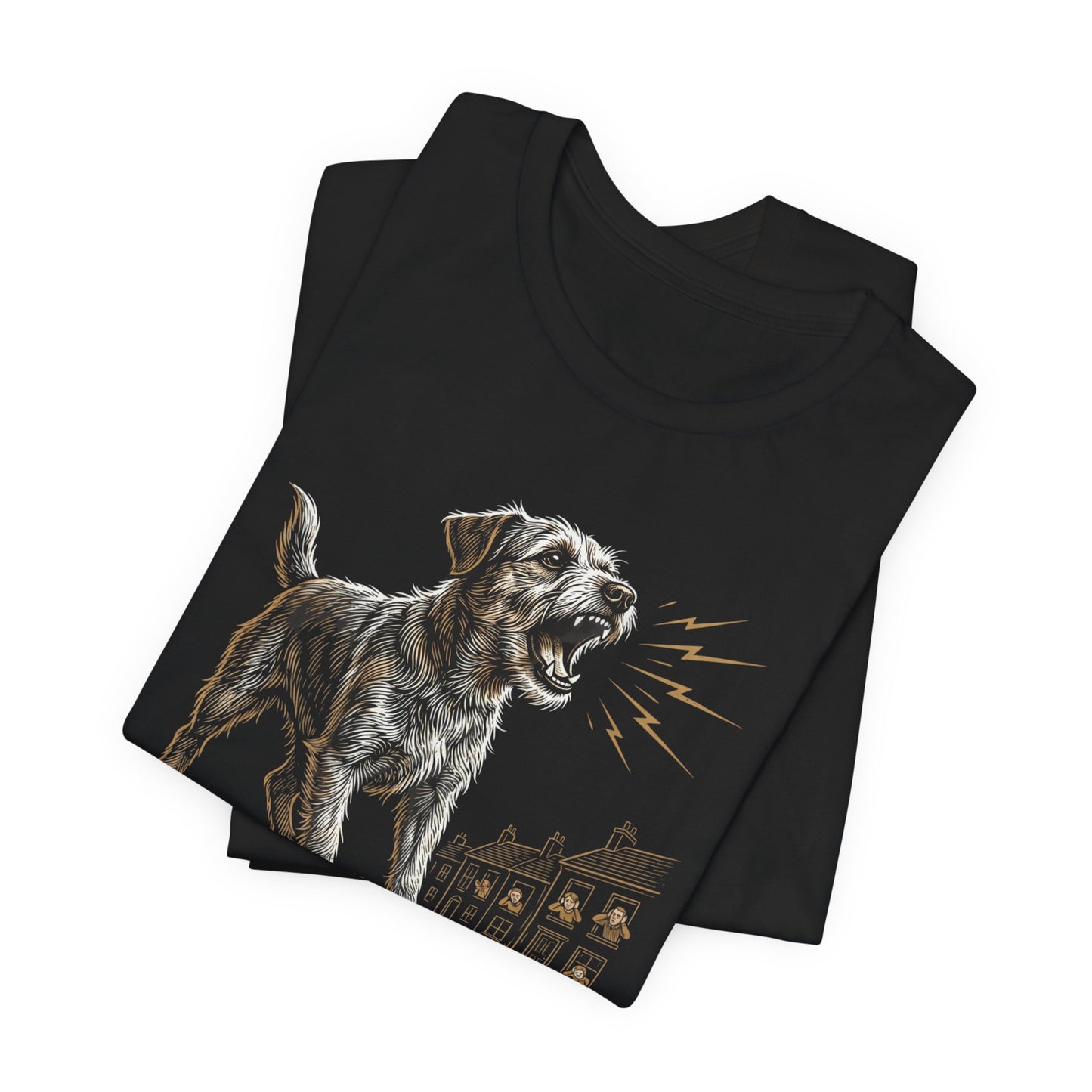 Black t-shirt with a barking dog and houses.