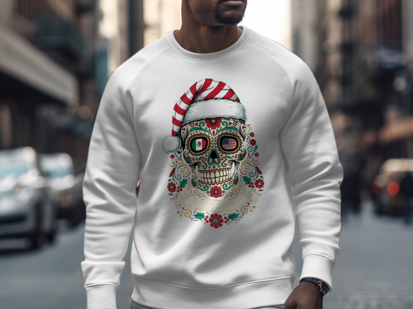 Festive Sugar Skull Santa Sweatshirt Christmas Apparel