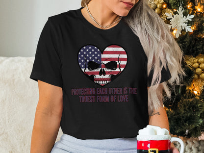 American Flag Skull with Heart Protecting Each Other T-Shirt
