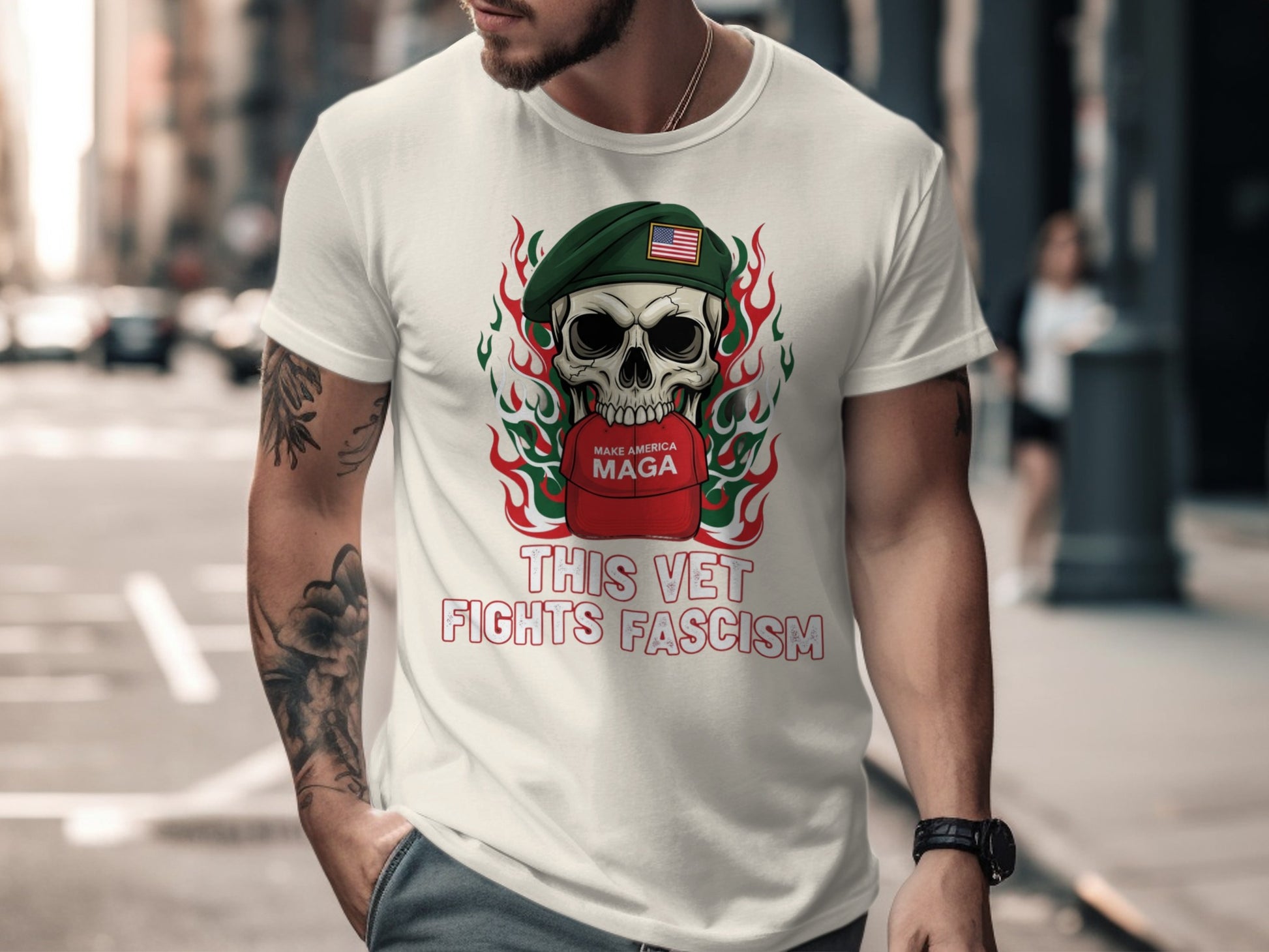 This Vet Fights Fascism Skull Graphic T-shirt