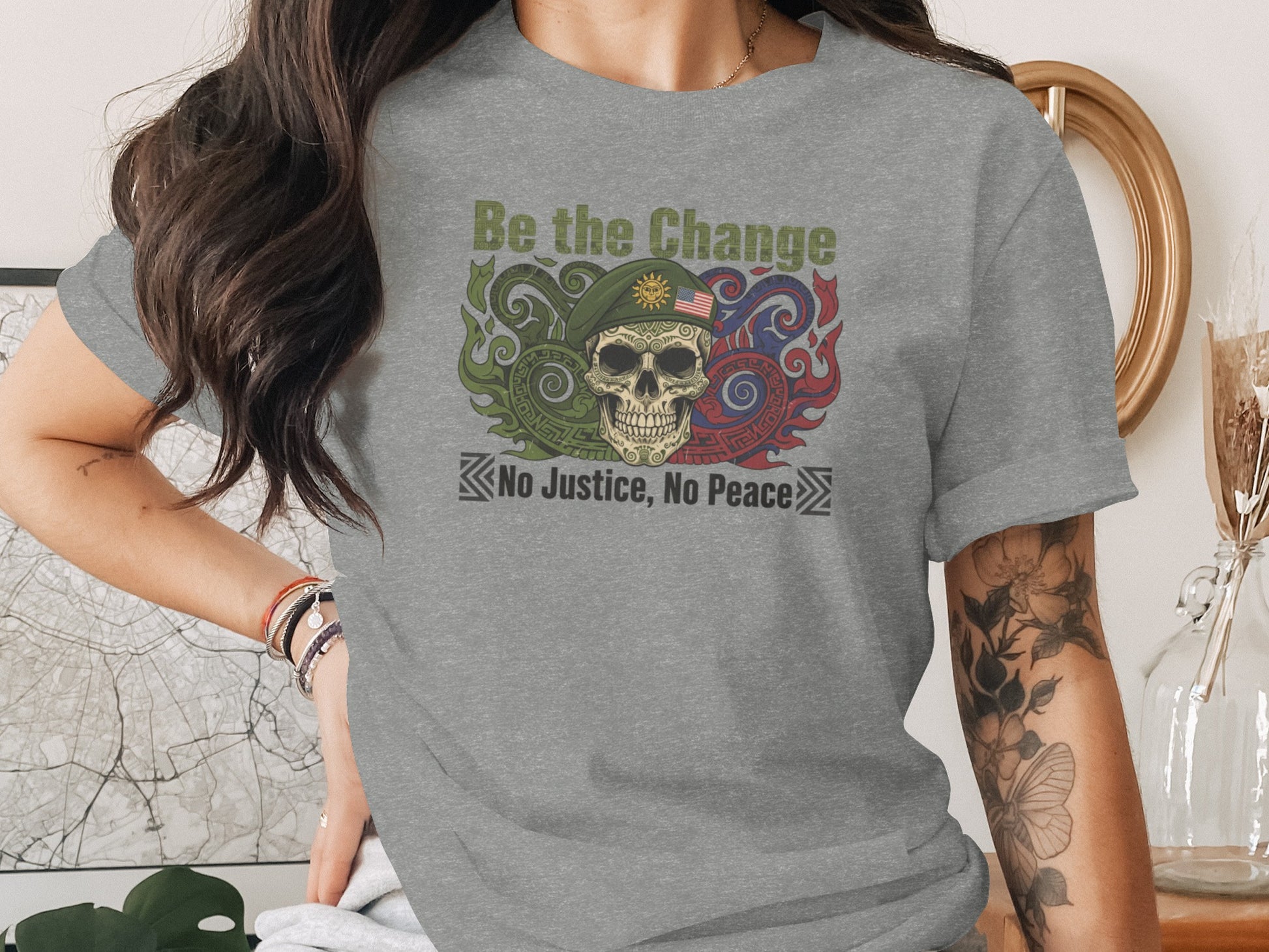 Be the Change No Justice No Peace Skull Graphic Shirt