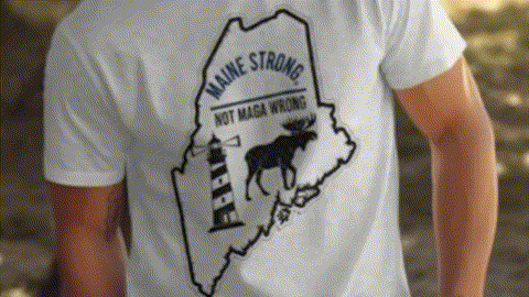 A white t-shirt with a graphic design on the back, depicting a map of Maine with a moose and the text "MAINE STRONG NOT MAGA WRONG".