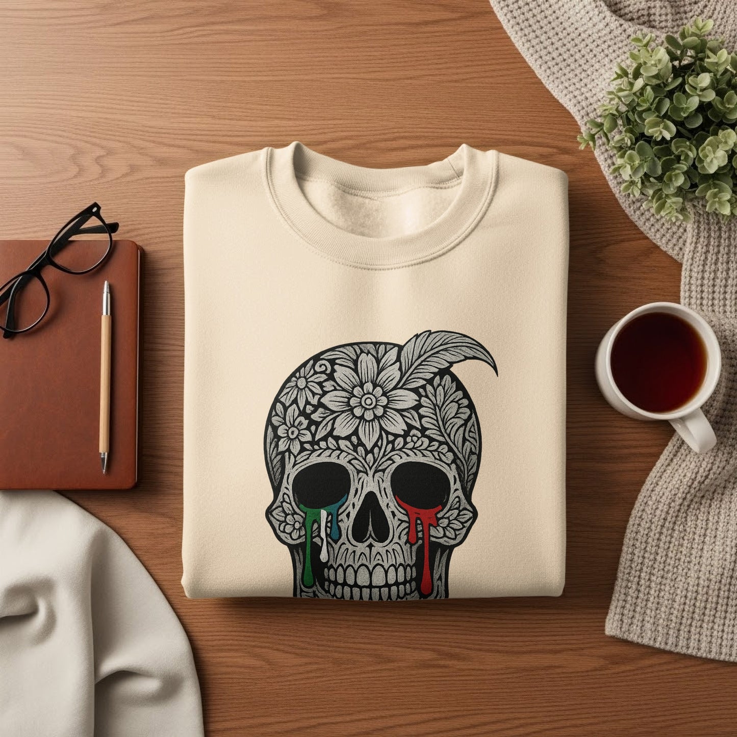 Floral Skull Design with Feather Print Sweatshirt