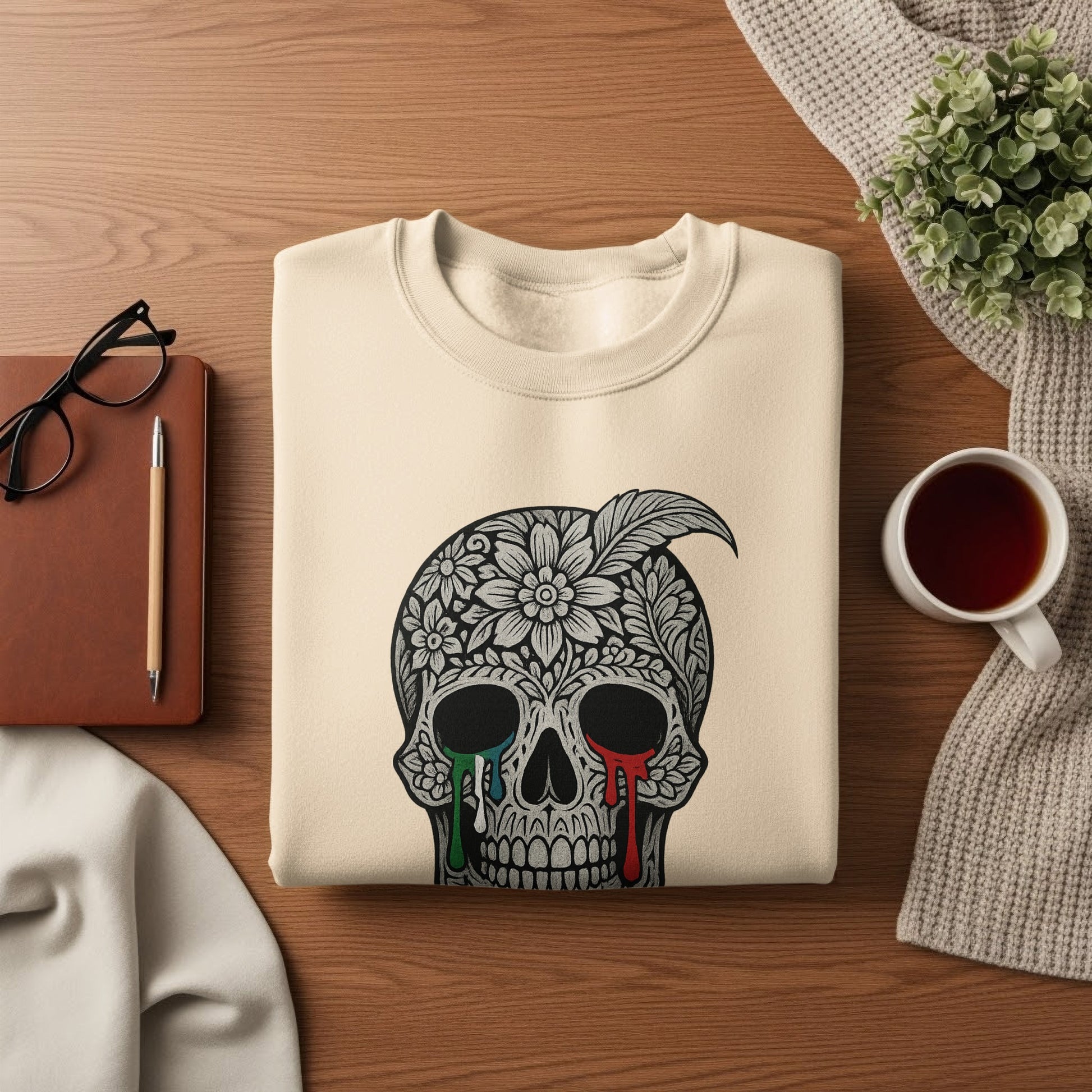 Floral Skull Design with Feather Print Sweatshirt