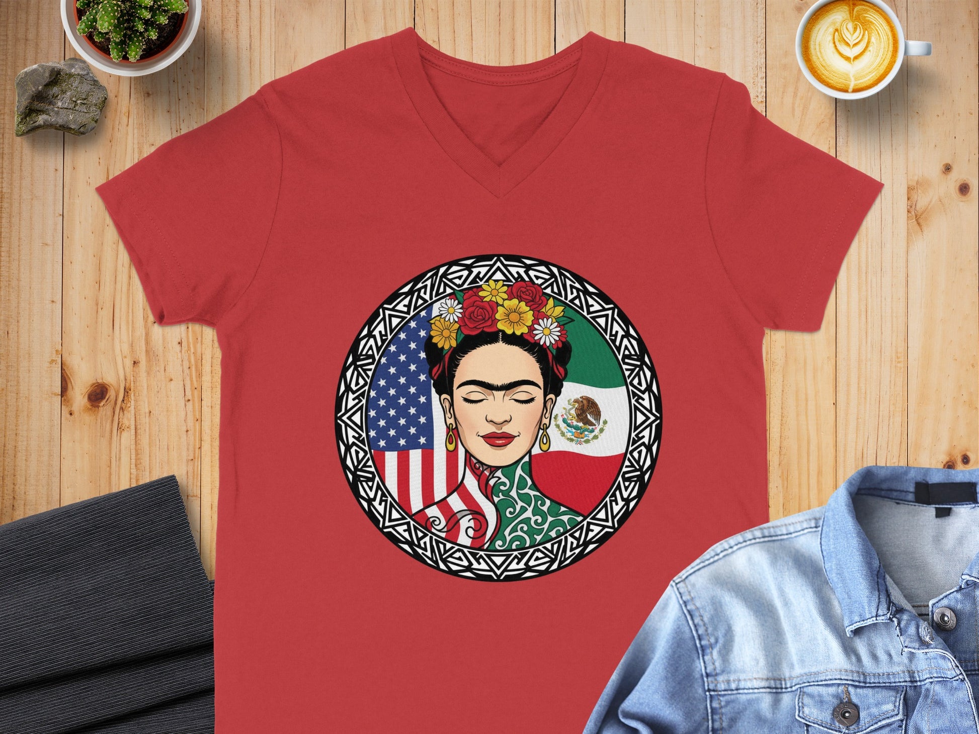 Frida Kahlo Art Shirt with Flags V Neck Tee product