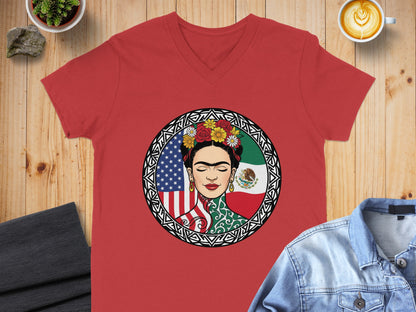 Frida Kahlo Art Shirt with Flags V Neck Tee product