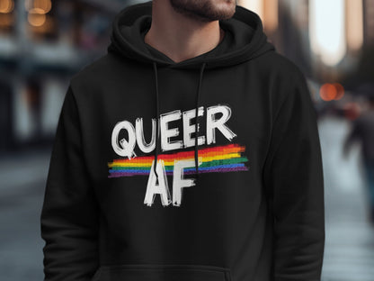 Queer AF Rainbow Graphic Hoodie Pride Apparel Product