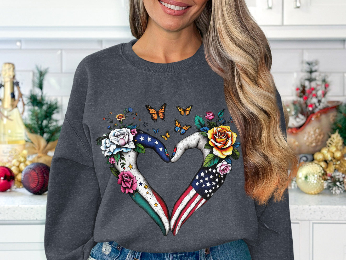 Heart Hand Sign with Flowers and Butterflies Sweatshirt product type