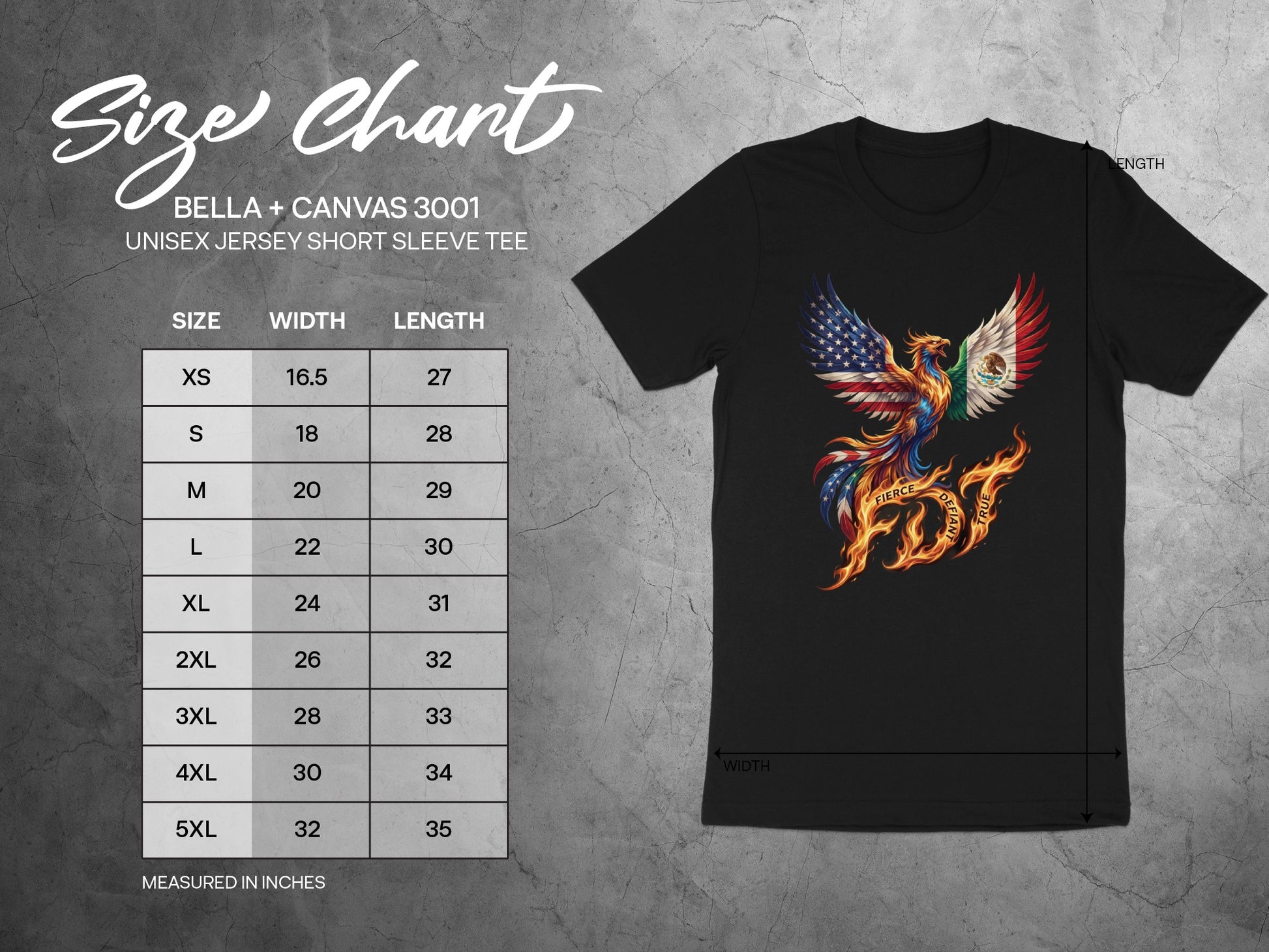Bella + Canvas 3001 unisex t-shirt size chart with phoenix graphic.