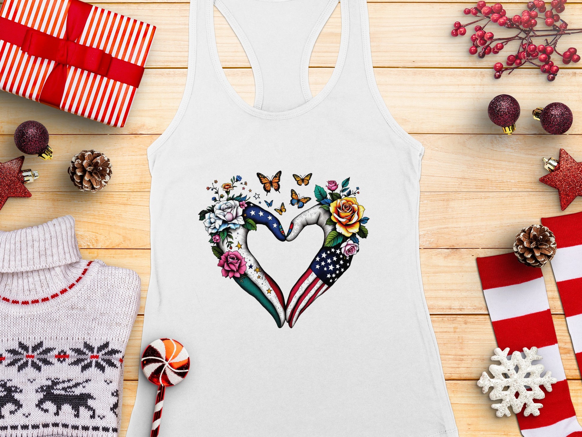 Heart Shaped Hands USA Mexico Flowers Tank Top