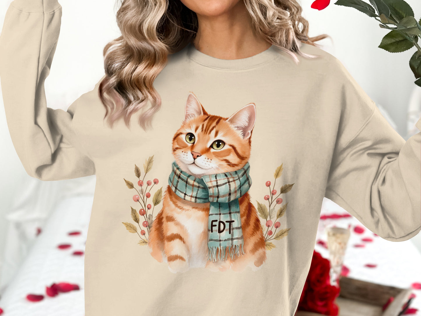 Cozy Cat with Plaid Scarf Long Sleeve Shirt