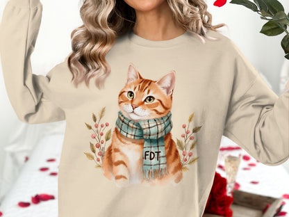 Cozy Cat with Plaid Scarf Long Sleeve Shirt