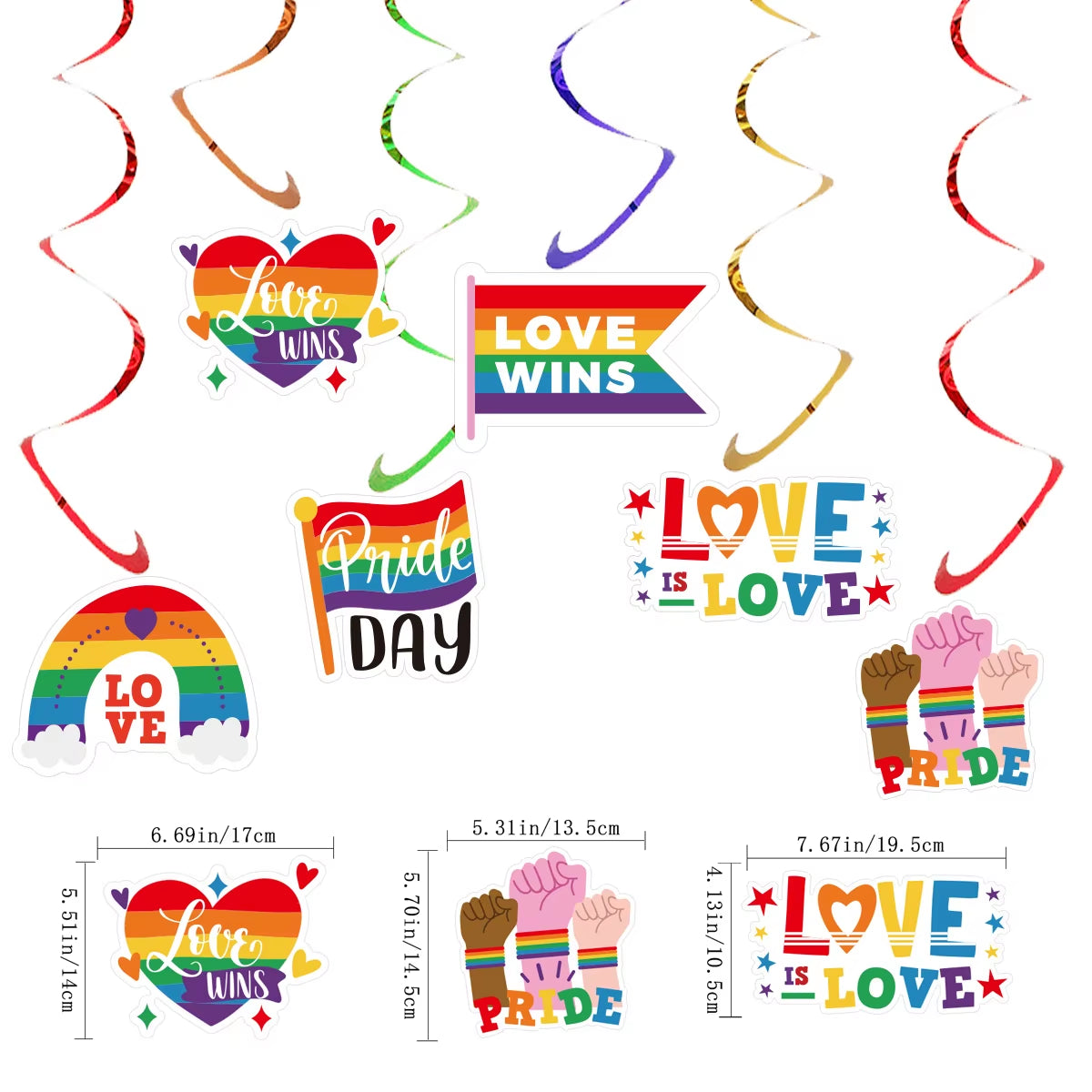 Rainbow Love Is Love Paper Banners and Hanging Swirls Cupcake Toppers for Birthday and Pride Day Celebrations