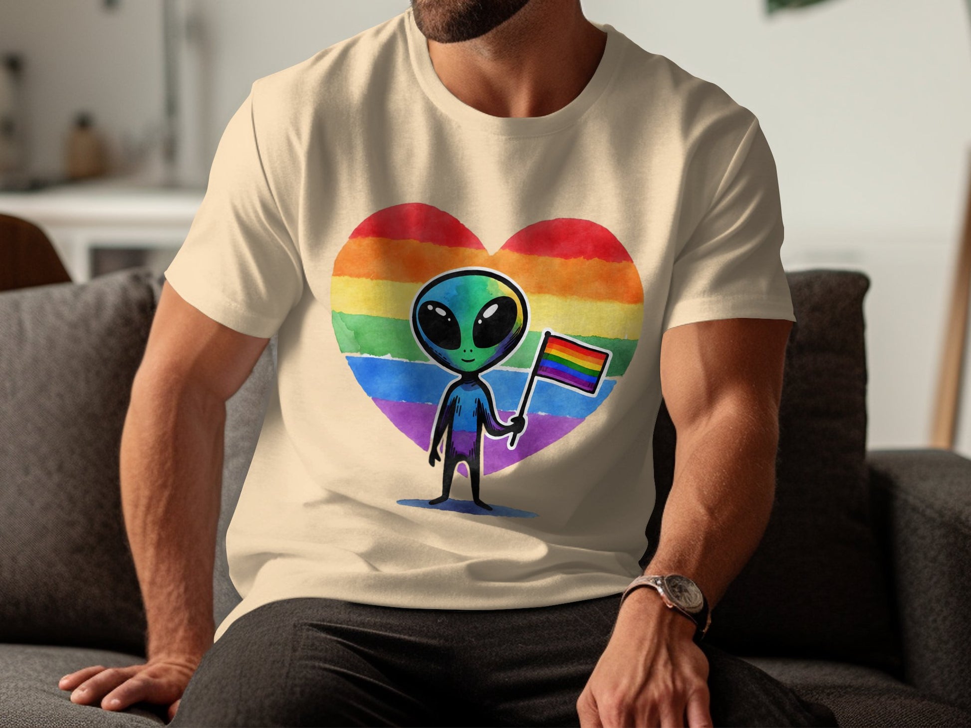 Alien Holding Rainbow Flag Heart Design T-shirt product