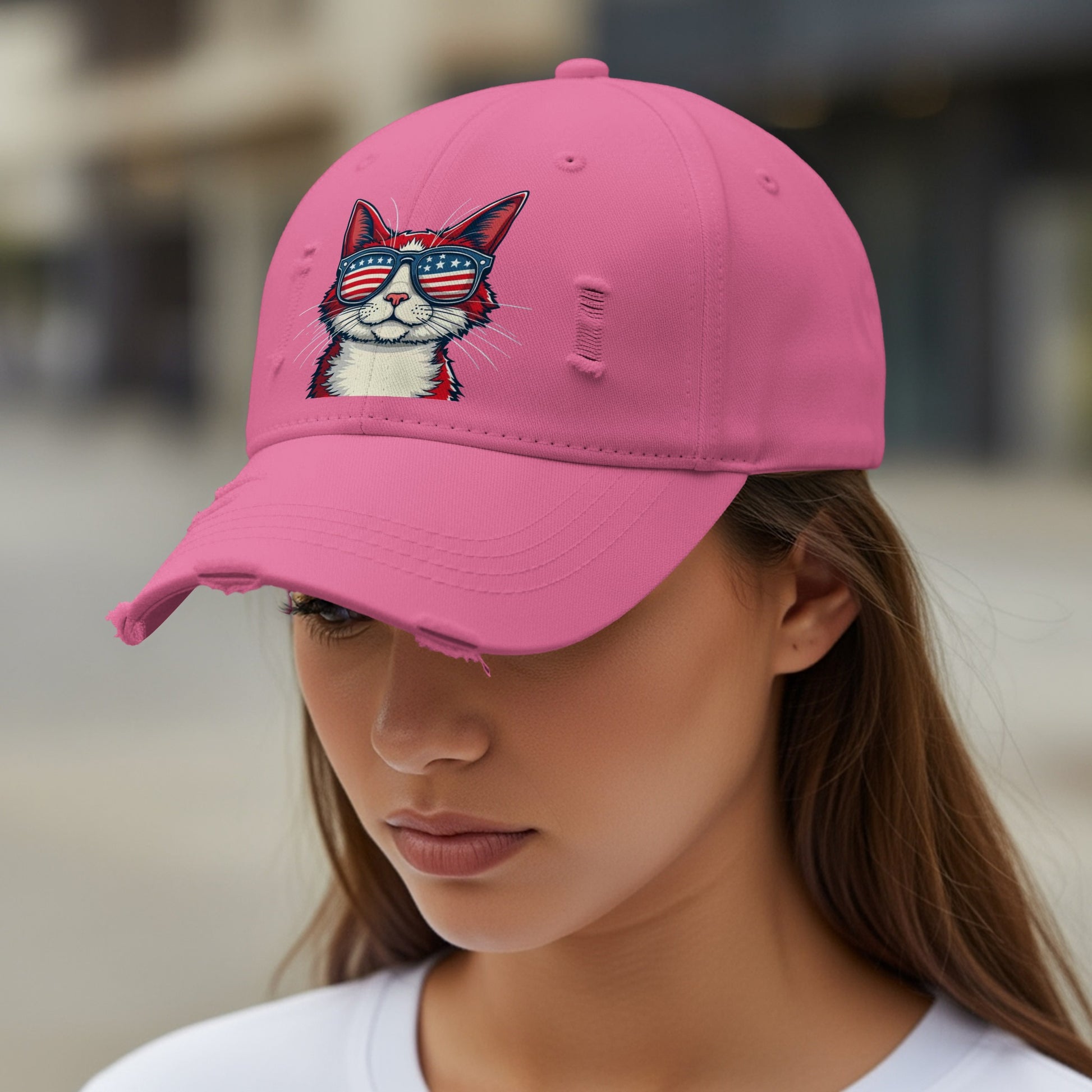 Cool Cat in Sunglasses Distressed Pink Cap product